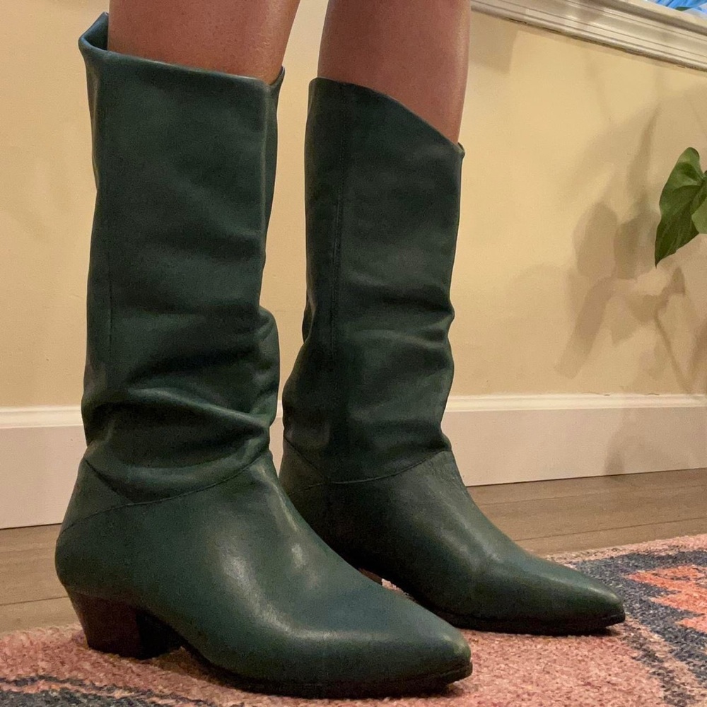 FRENCH LEATHER BOOTS, NEW soles (unworn since re-soled), genuine green leather